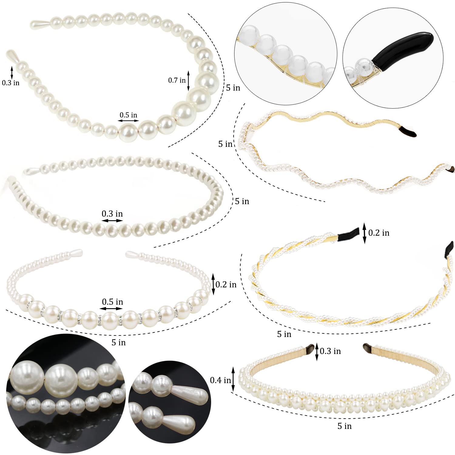 LAPOHI 6 Packs Fashion Pearl Headbands for Women Girls, White Bridal Pearl Rhinestones Hairbands Head Bands Accessories for Wedding, Gathering, Daily