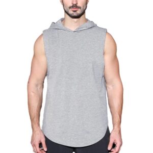 Men's Workout Hoody Tank Tops Athletic Training Bodybuilding Hoodie Shirts Cotton Gym Cut Off Sleeveless Muscle T-Shirt 05 Gray 2XL