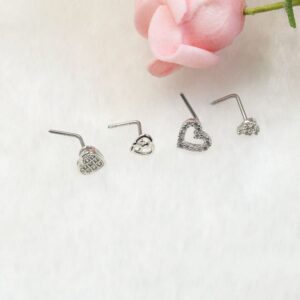 FLOGWE 20G 4PCS Nose Ring Studs 316L Heart Nose Ring Studs Heart Nose Stud Surgical Steel CZ L-Shaped Piercing Jewelry……