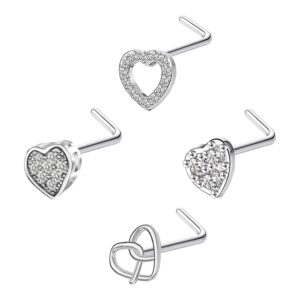 FLOGWE 20G 4PCS Nose Ring Studs 316L Heart Nose Ring Studs Heart Nose Stud Surgical Steel CZ L-Shaped Piercing Jewelry……