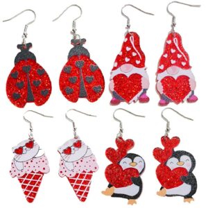 Pingyongchang Cute Animal Insect Cat Penguin Valentines Day Dangle Drop Earrings Red Glitter Love Heart Gnome Lightweight Acrylic Earrings for Women Valentine's Day Gift-Gnome