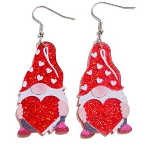 Pingyongchang Cute Animal Insect Cat Penguin Valentines Day Dangle Drop Earrings Red Glitter Love Heart Gnome Lightweight Acrylic Earrings for Women Valentine's Day Gift-Gnome