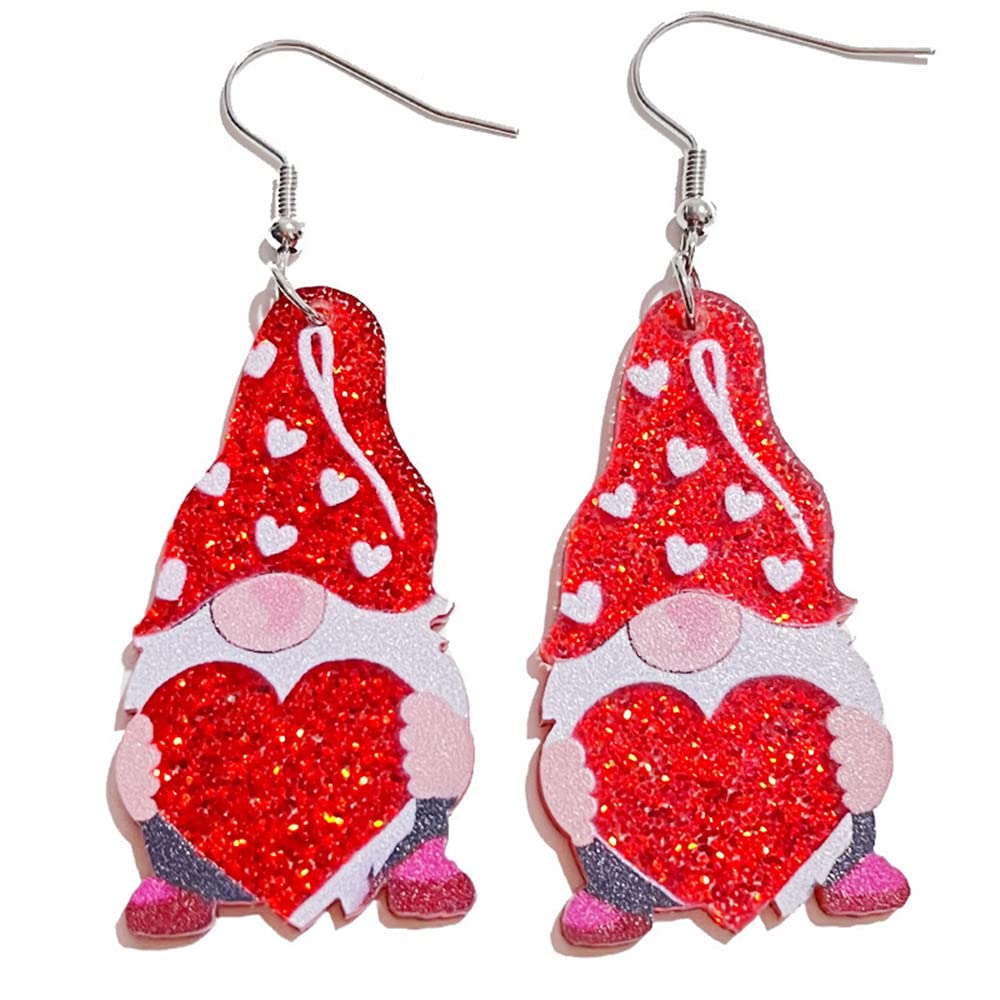 Pingyongchang Cute Animal Insect Cat Penguin Valentines Day Dangle Drop Earrings Red Glitter Love Heart Gnome Lightweight Acrylic Earrings for Women Valentine's Day Gift-Gnome