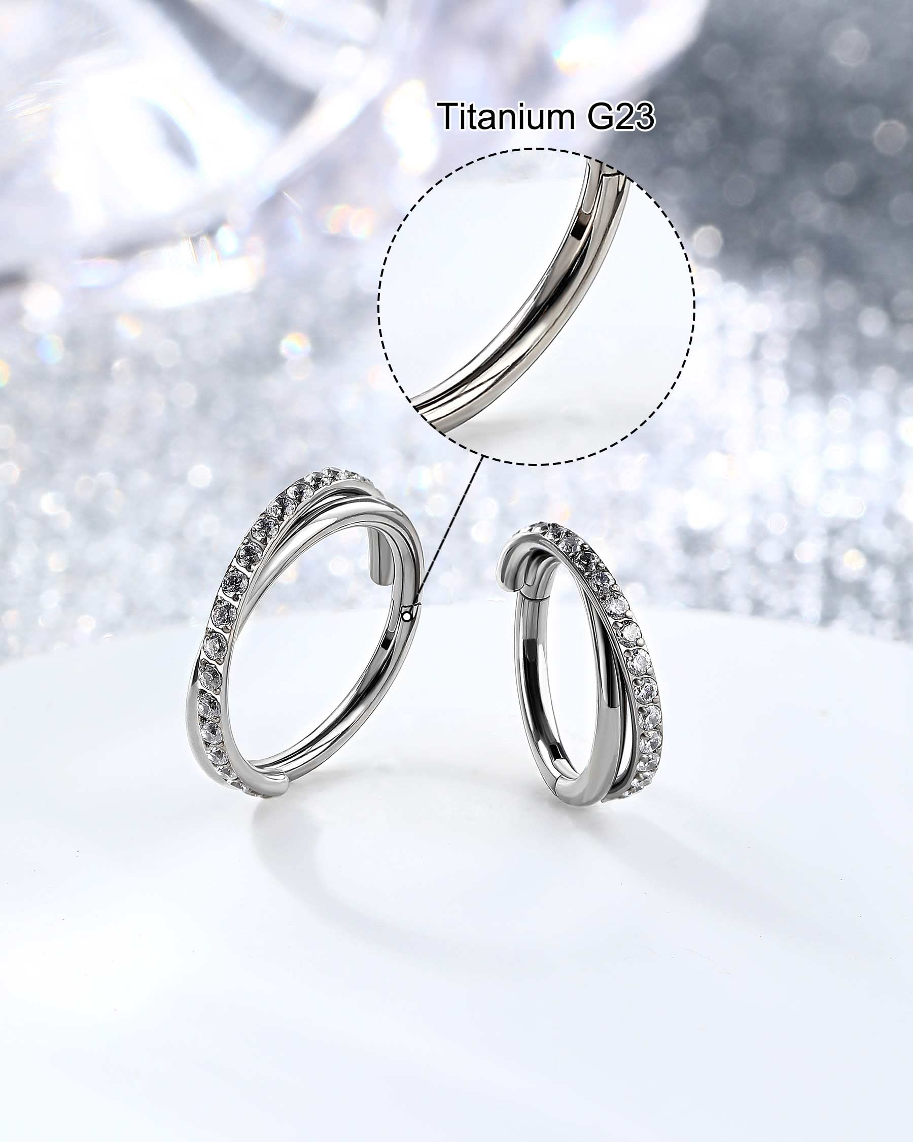 Melighting G23 Titanium Nose Rings Hoop 16G Conch Piercing Jewelry Clear CZ Double Titanium Helix Earrings Septum Rings Tragus Daith Piercing Jewelry for Women