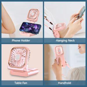 Allxin Portable Neck Fan Mini Quiet Handheld Personal Foldable USB Rechargeable Fan Operated for Home Office Outdoor Travel, 3000mAh Power Bank Hands Free Necklace Fans (Update Pink)