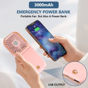 Allxin Portable Neck Fan Mini Quiet Handheld Personal Foldable USB Rechargeable Fan Operated for Home Office Outdoor Travel, 3000mAh Power Bank Hands Free Necklace Fans (Update Pink)