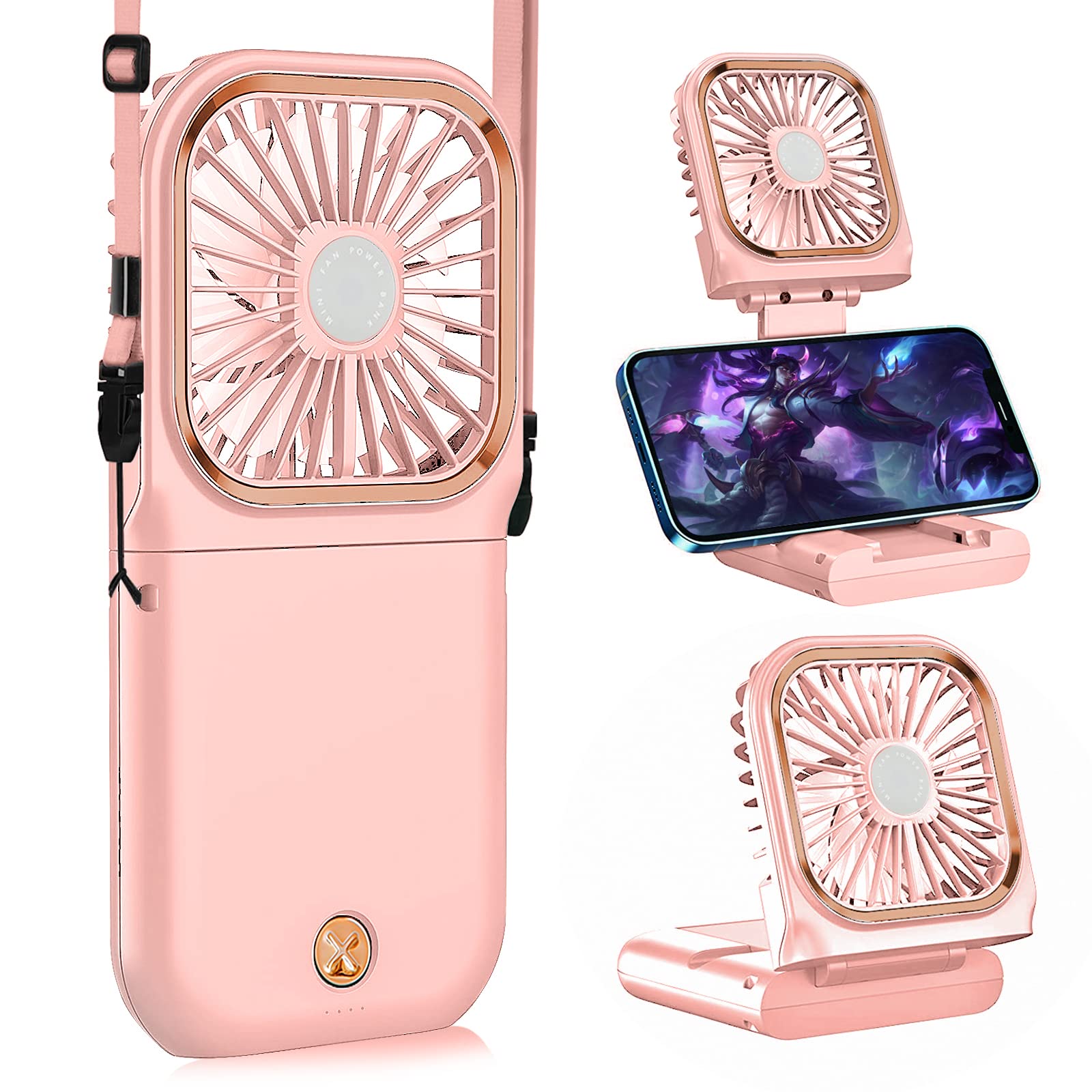 Allxin Portable Neck Fan Mini Quiet Handheld Personal Foldable USB Rechargeable Fan Operated for Home Office Outdoor Travel, 3000mAh Power Bank Hands Free Necklace Fans (Update Pink)