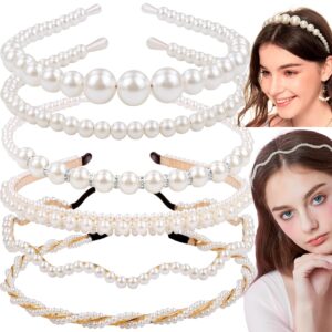 LAPOHI 6 Packs Fashion Pearl Headbands for Women Girls, White Bridal Pearl Rhinestones Hairbands Head Bands Accessories for Wedding, Gathering, Daily