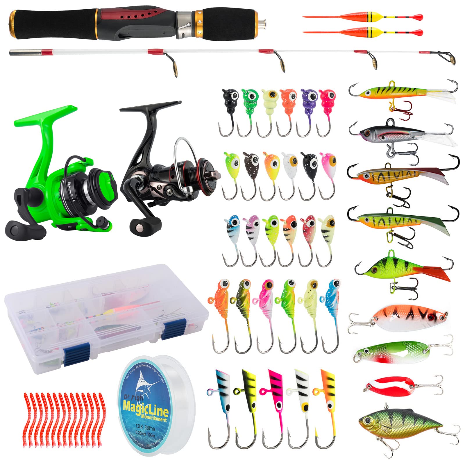 Dr.Fish Ice Fishing Rod and Reel Combo with 2 Ice Spinning Reels Ice Fishing Gears Equipment Ice Fishing Pole Ice Jig Lures