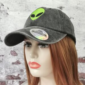 Hepandy Embroidered Green Alien Head Baseball Cap for Kids Women Men, Washed Black Embroidery Trucker Hat, Adjustable Snapback Dad Hats