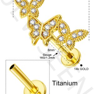 Jewseen 14K Solid Gold Snake Cartilage Earring 16g Flat Back Stud Helix Piercing Jewelry Tragus Earring Conch Stud Titanium Labret Post Lip Ring Nose Stud for Women Men