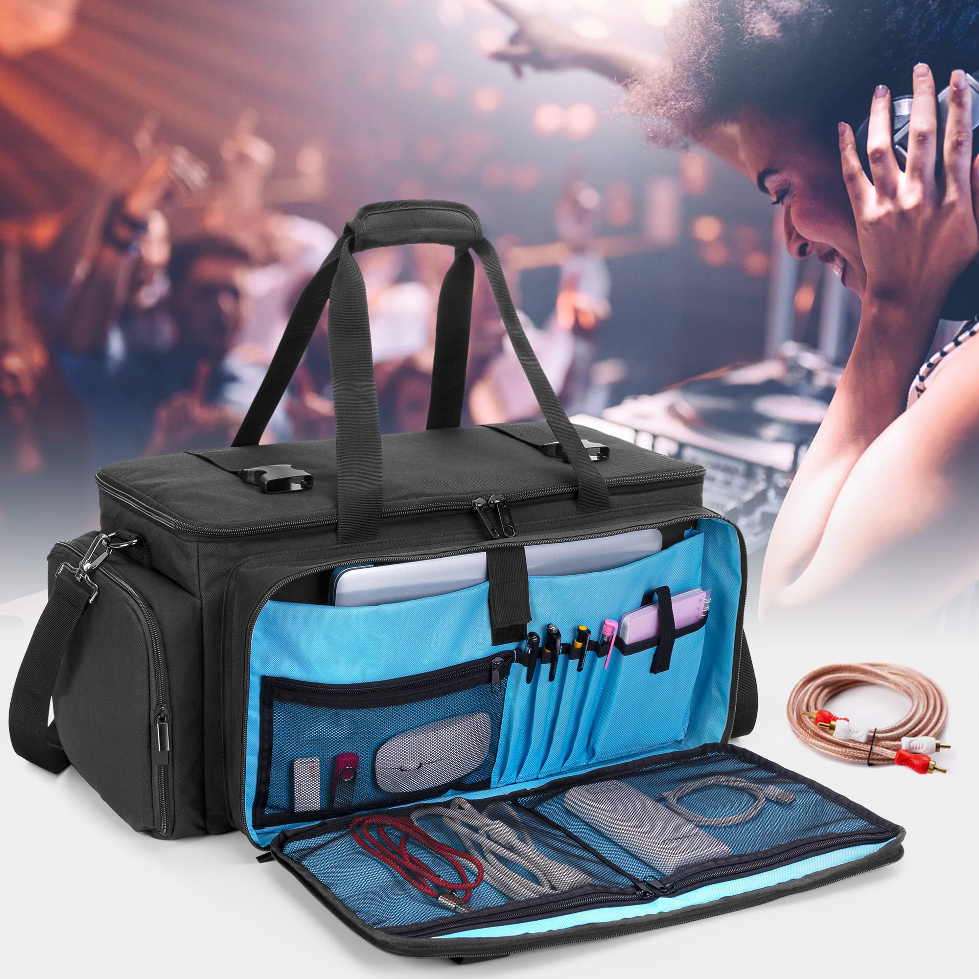 HODRANT Large DJ Gig Bag, Travel DJ Cable File Case with Padded Bottom & Detachable Dividers, DJ Gear Storage Organizer for Microphones, 14" Laptop, Sound Equipment & Music Instrument, Black, Bag Only