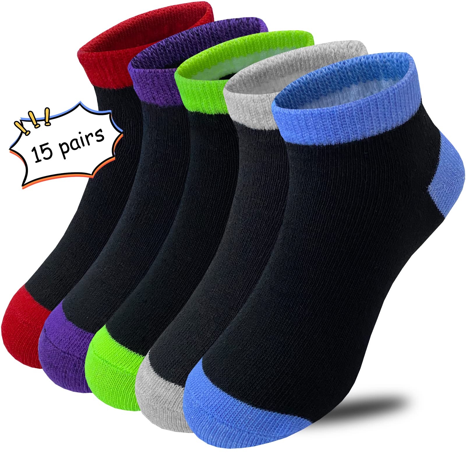 Tsmollyu 15 Pairs Kids Low Cut Socks Half Cushion Sport Ankle Athletic Socks for Little Big Kids(4-6 Years)