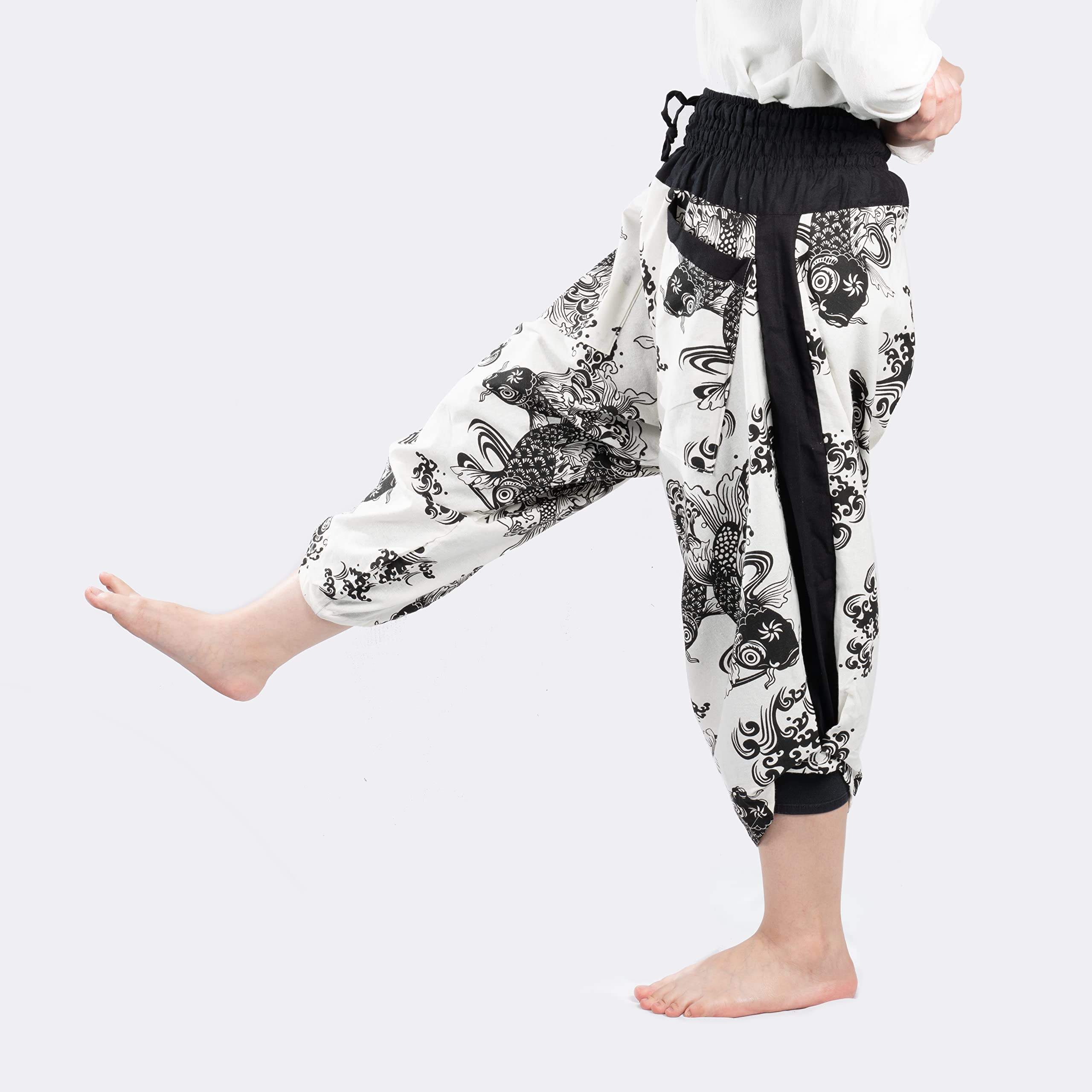 Kurop Saruel Pants Carp Pattern Japanese Pattern Wide Pants Thai Pants Aladdin Pants Dancewear Yoga Gaucho Men's Women's (Carp D)