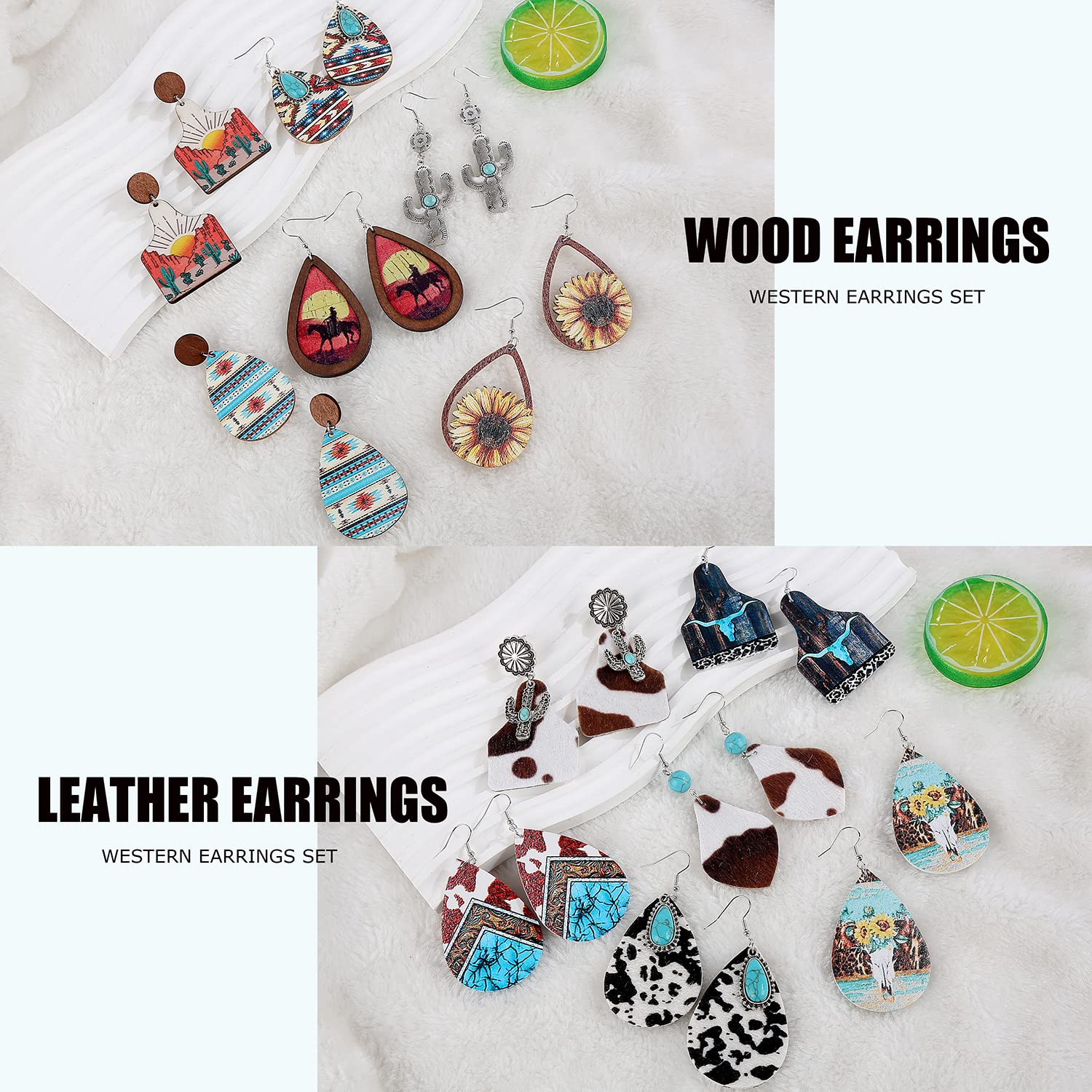 12 Pairs Western Earrings Set for Women Boho Cowgirl Vintage Turquoise Print Leather Wood Teardrop Dangle Bohemian Cowboy Earring Jewelry