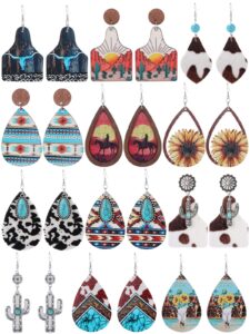 12 pairs western earrings set for women boho cowgirl vintage turquoise print leather wood teardrop dangle bohemian cowboy earring jewelry