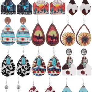 12 Pairs Western Earrings Set for Women Boho Cowgirl Vintage Turquoise Print Leather Wood Teardrop Dangle Bohemian Cowboy Earring Jewelry