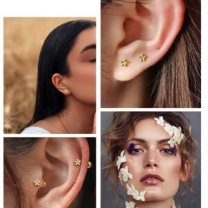 Jewseen 14K Solid Gold Cartilage Earring 16g Helix Earring Flower Cartilage Stud Tragus Piercing Jewelry for Women Conch Earring Stud Earrings Body Piercing Jewelry