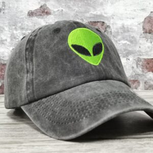 Hepandy Embroidered Green Alien Head Baseball Cap for Kids Women Men, Washed Black Embroidery Trucker Hat, Adjustable Snapback Dad Hats