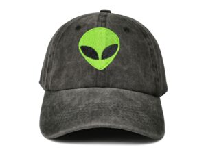 hepandy embroidered green alien head baseball cap for kids women men, washed black embroidery trucker hat, adjustable snapback dad hats