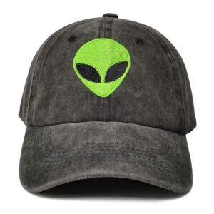 Hepandy Embroidered Green Alien Head Baseball Cap for Kids Women Men, Washed Black Embroidery Trucker Hat, Adjustable Snapback Dad Hats