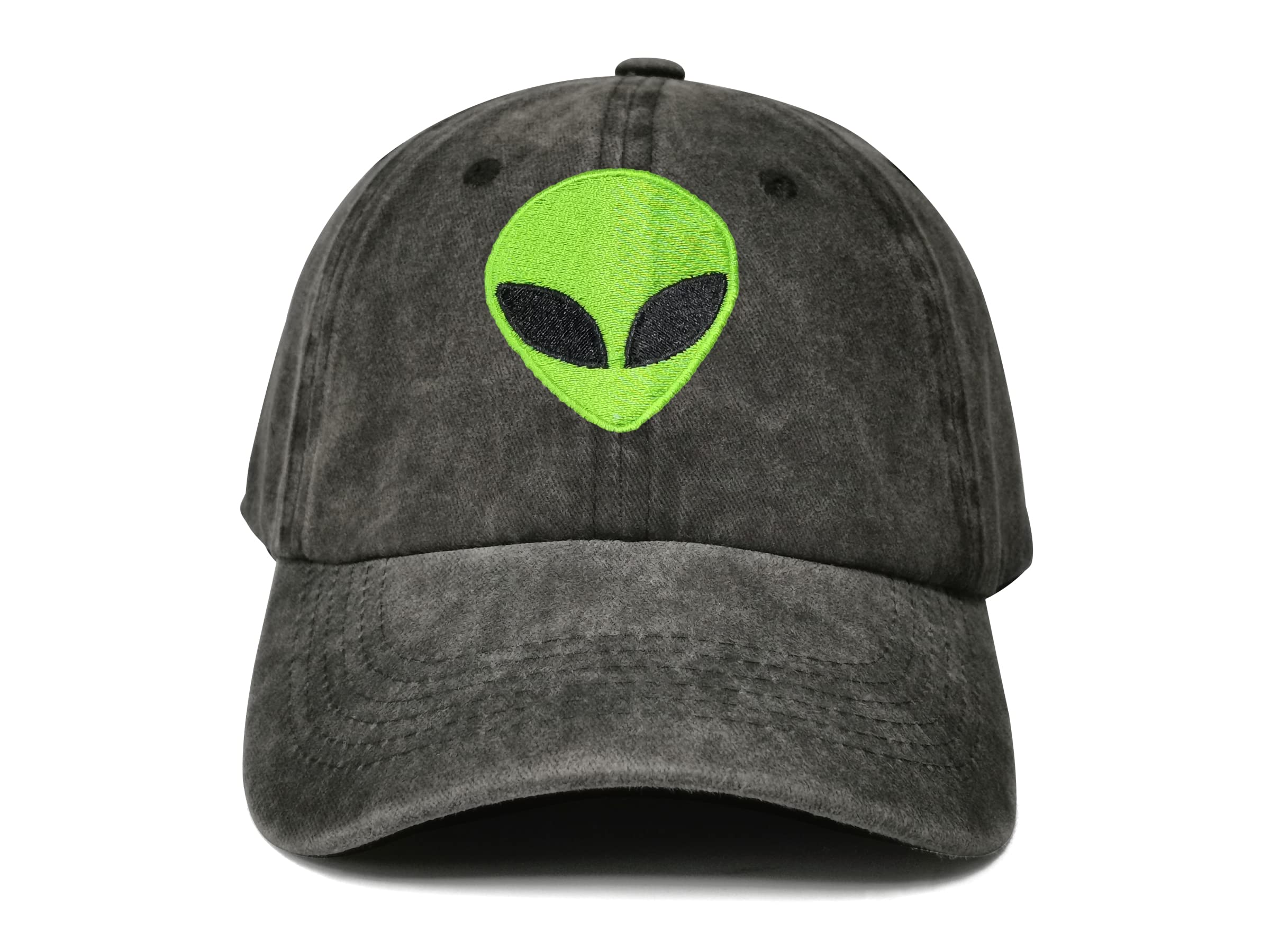 Hepandy Embroidered Green Alien Head Baseball Cap for Kids Women Men, Washed Black Embroidery Trucker Hat, Adjustable Snapback Dad Hats