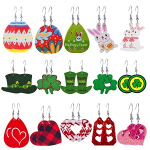 15 Pairs Valentine's Day Leather Earrings for Women St Patrick's Day Easter Faux Leather Teardrop Dangle Earrings Lightweight Clover Green Hat Easter Eggs Bunny Shamrock Earrings Set