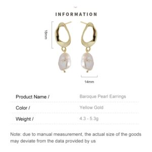 Simple Irregular Pearl Earrings in 18K Gold, Natural Baroque Pearl Dangle Earrings, Wonderful Gift for Her (Yellow Gold, 18K)