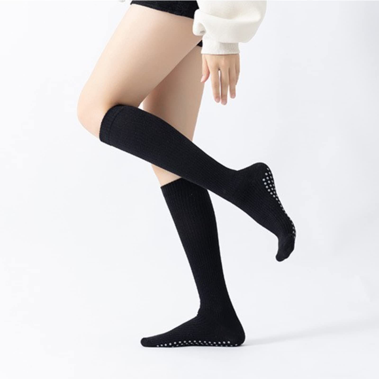 Yoga Pilates Socks with Grips for Women Non Slip Compression Cushioned Knee High Over the Calf Socks for Barre Ballet Dance (Black)