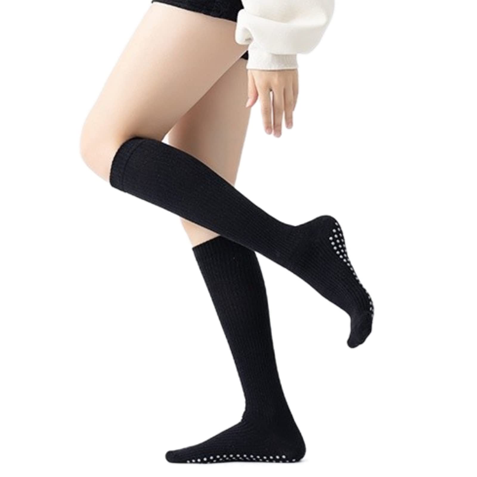 Yoga Pilates Socks with Grips for Women Non Slip Compression Cushioned Knee High Over the Calf Socks for Barre Ballet Dance (Black)