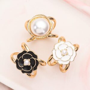 3PCS Elegant Pearl Floral Scarf Ring Clip Camellia Flower Scarf Buckle for Women Scarf Ring Buckle Women Fashion Metal Shawl Clip Buckle Lady Girls Decoration Accessories (28mm) (3, 28)