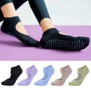 ZZIYEETTM 5 Pairs Non Slip Yoga Socks for Women, Girls Backless Silicone Dot Pilates Dance Sports Socks for Fitness Gym (Black/Purple/Blue/Beige/Green)