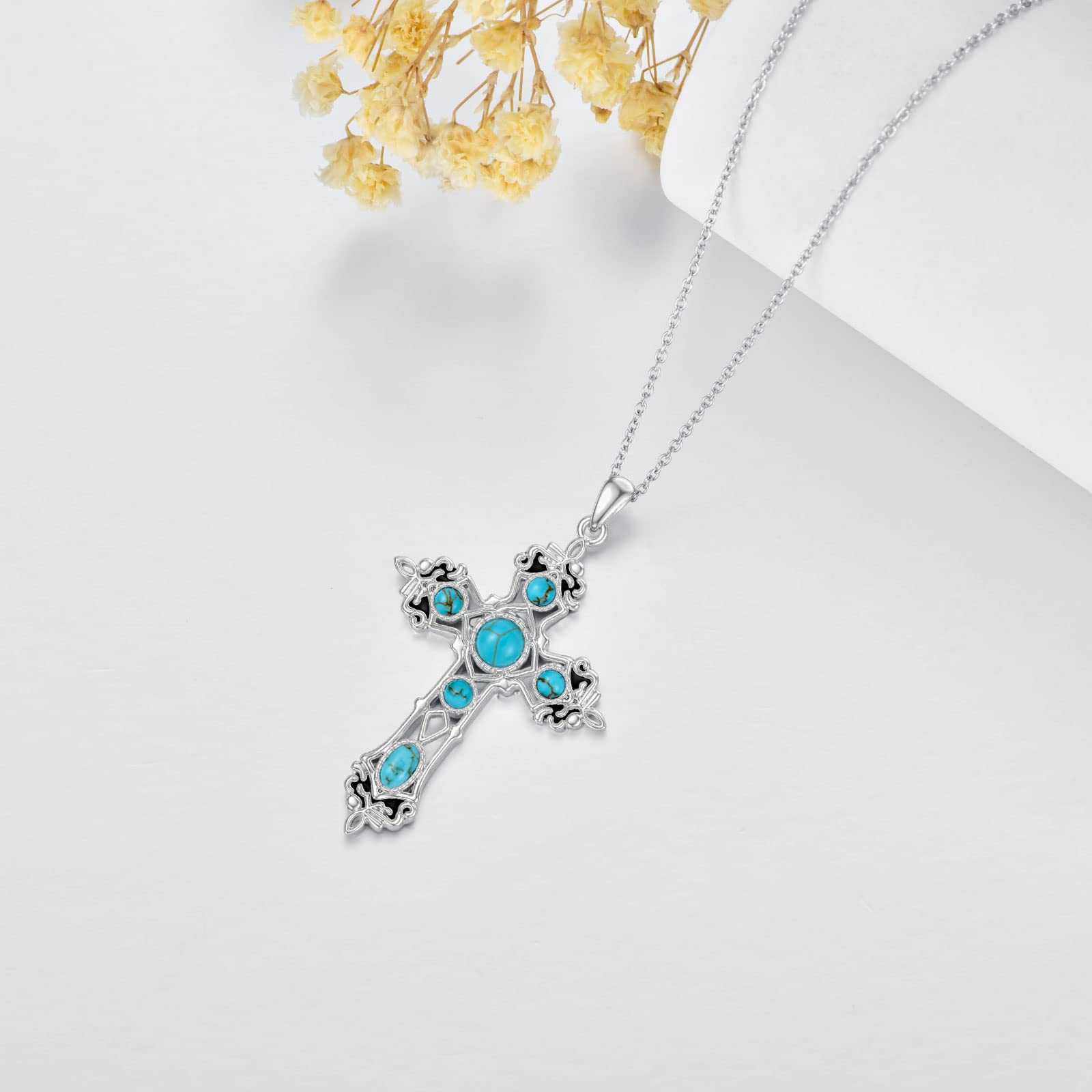 BETHZA Turquoise Cross Necklace for Women 925 Sterling Silver Genuine Turquoise Gothic Cross Pendant Western Boho for Christmas Birthday