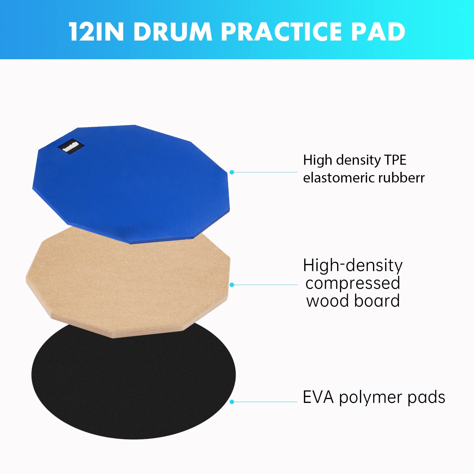 GrowDaily Drum Practice Pad for drumming drum pad and sticks 12 In,Sided With 2 Pairs/4 Maple 5A Drum Sticks & Storage Bag (Blue)