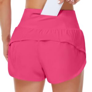 Origiwish Women's High Waisted Running Shorts with Liner Quick Dry Athletic Workout Shorts Zipper Pockets Bright Pink