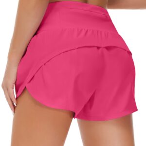 Origiwish Women's High Waisted Running Shorts with Liner Quick Dry Athletic Workout Shorts Zipper Pockets Bright Pink