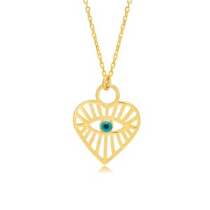 Ambica New York Heart Evil Eye Necklace for Women,14K Gold Plated Necklace with Heart Pendant,Turquoise Evil Eye Pendant Third Eye Necklace, Sterling Silver, No Gemstone