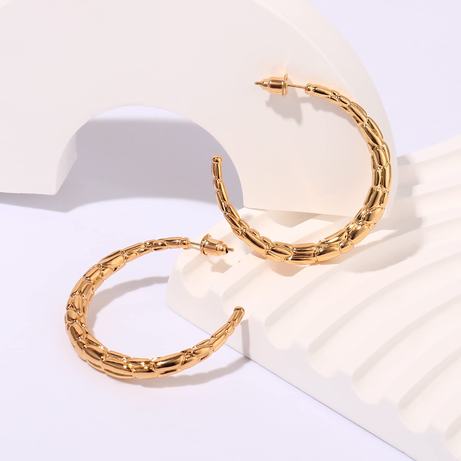 14K Gold Plated Chunky Hoop Earrings, Thick Lightweight Gold Open Hoops Earrings for Women