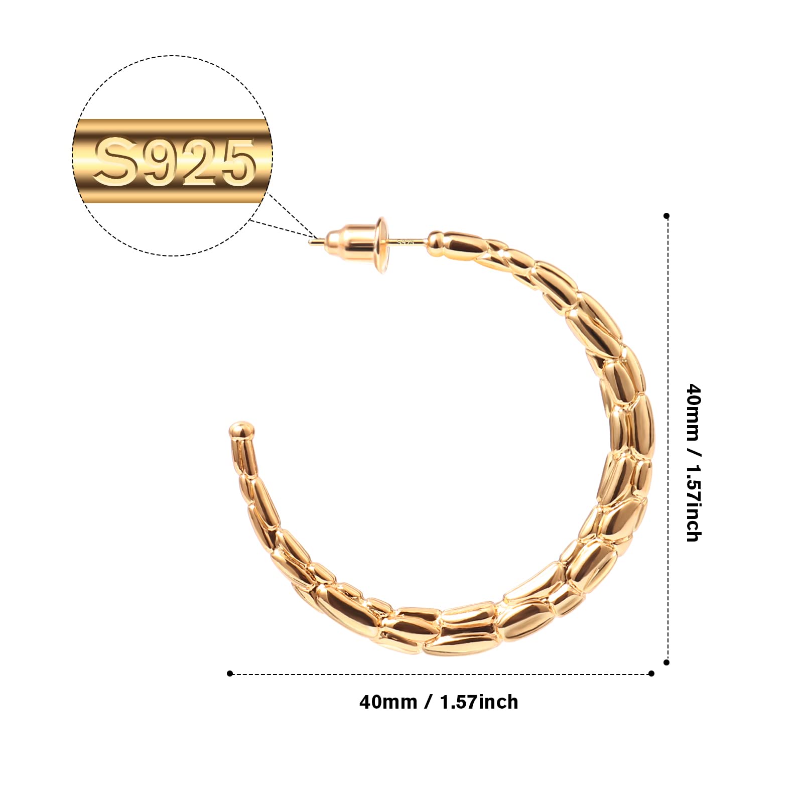 14K Gold Plated Chunky Hoop Earrings, Thick Lightweight Gold Open Hoops Earrings for Women