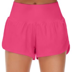 Origiwish Women's High Waisted Running Shorts with Liner Quick Dry Athletic Workout Shorts Zipper Pockets Bright Pink