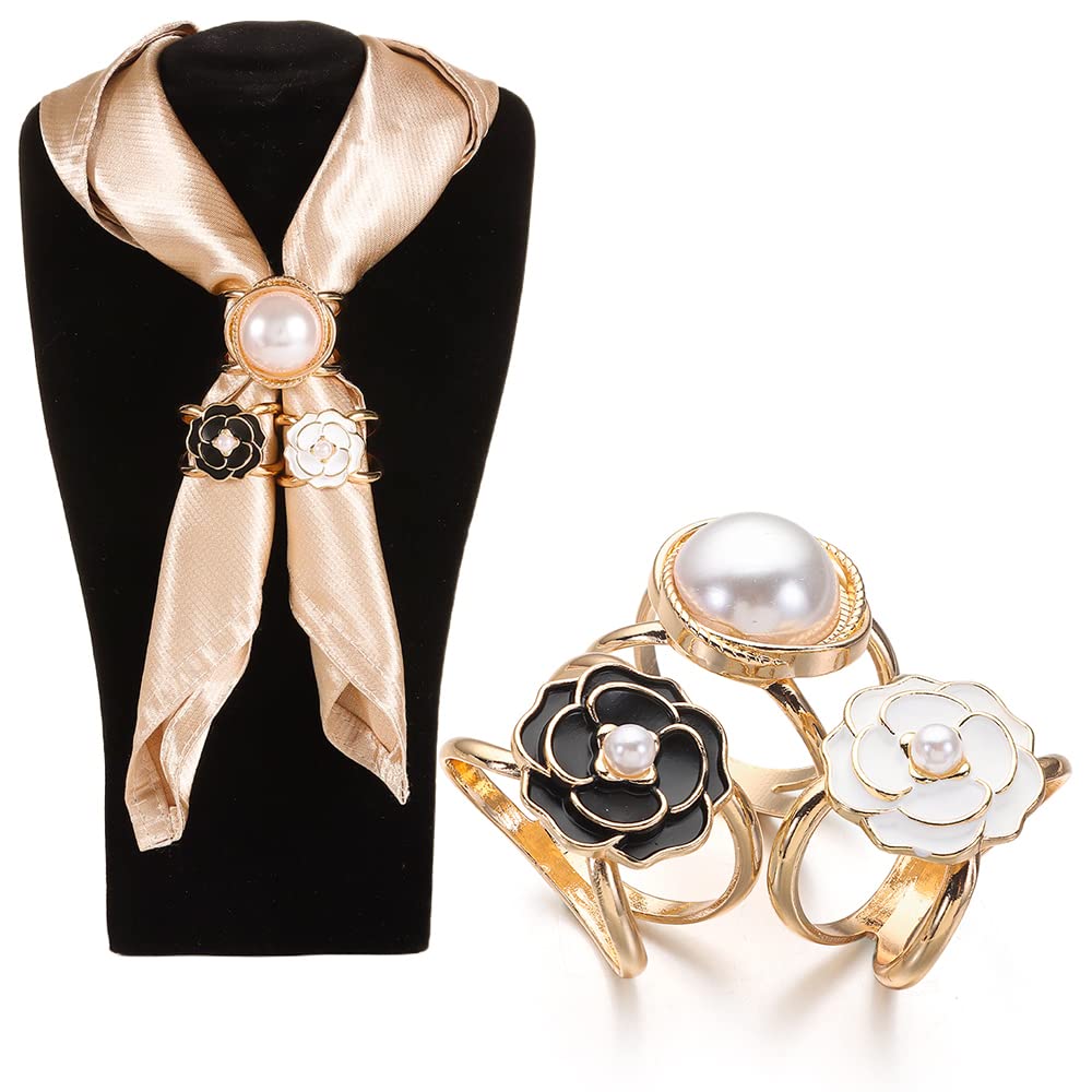 3PCS Elegant Pearl Floral Scarf Ring Clip Camellia Flower Scarf Buckle for Women Scarf Ring Buckle Women Fashion Metal Shawl Clip Buckle Lady Girls Decoration Accessories (28mm) (3, 28)