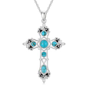 BETHZA Turquoise Cross Necklace for Women 925 Sterling Silver Genuine Turquoise Gothic Cross Pendant Western Boho for Christmas Birthday