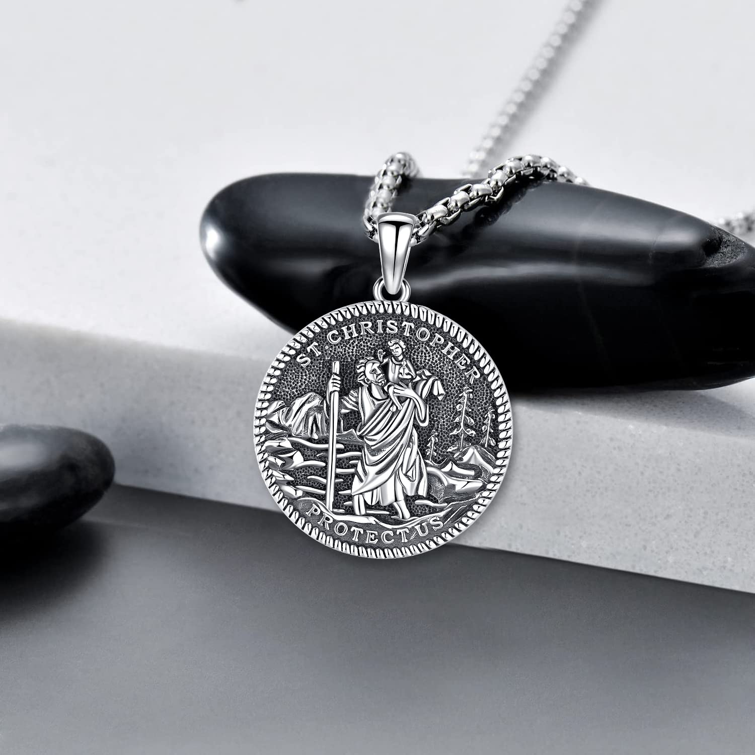 Aniu St Christopher Necklace for Men Saint Christopher Necklace for Men St Christopher Medal Medallion Pendant Necklace Sterling Silver Protect Talisman Necklace Tavel Jewelry