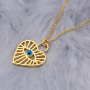 Ambica New York Heart Evil Eye Necklace for Women,14K Gold Plated Necklace with Heart Pendant,Turquoise Evil Eye Pendant Third Eye Necklace, Sterling Silver, No Gemstone