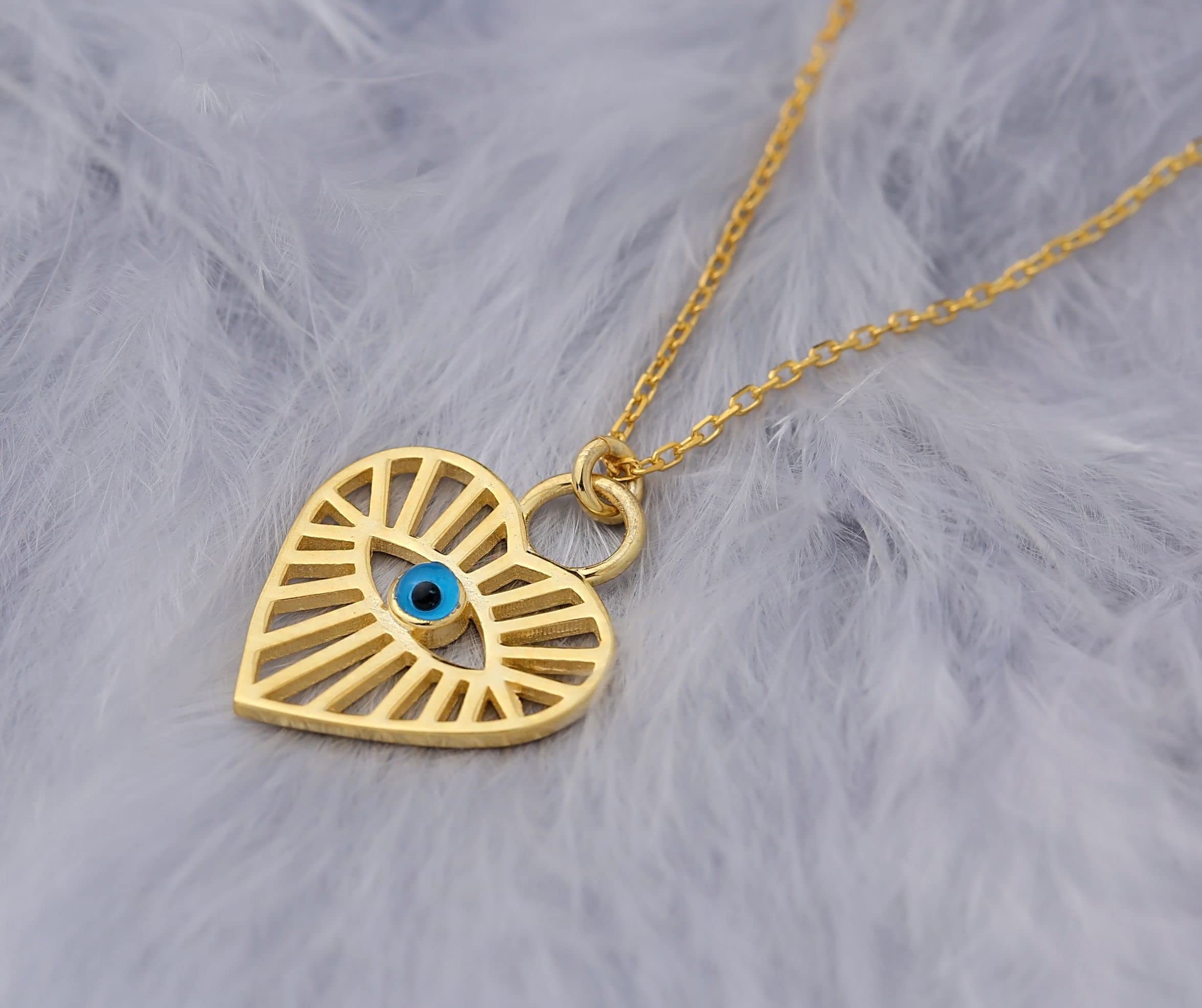 Ambica New York Heart Evil Eye Necklace for Women,14K Gold Plated Necklace with Heart Pendant,Turquoise Evil Eye Pendant Third Eye Necklace, Sterling Silver, No Gemstone