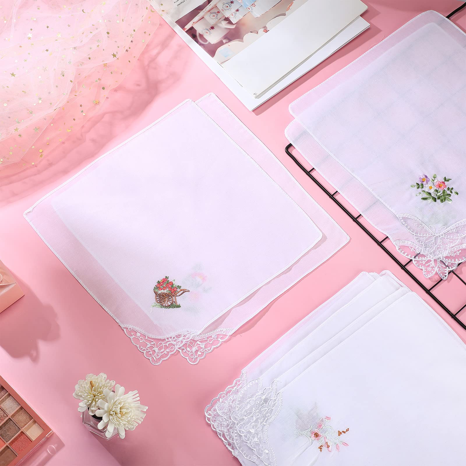 36 Pieces Women Floral Handkerchiefs Embroidered Flower Handkerchief with Lace Cotton Hankies Bulk Ladies Hankies for Women