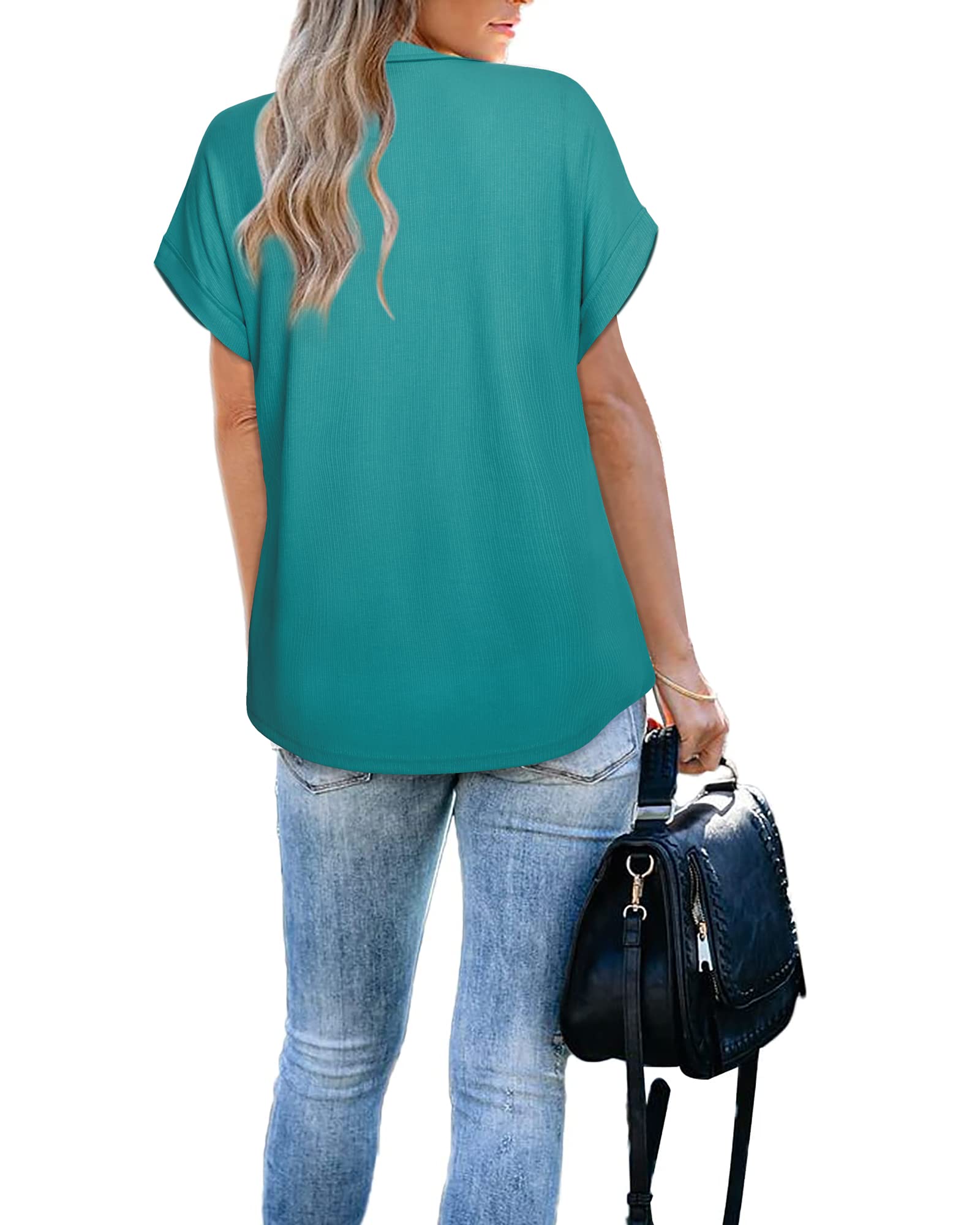 Vivilli Dressy Tops for Women Summer Blouses for Women 2024 Collared Shirt for Women Short Sleeve Shirts Womens Fashion Blouses Tops V Neck Drop Shoulder Polo Tee Shirts for Work Office Dark Green L