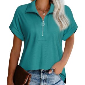 Vivilli Dressy Tops for Women Summer Blouses for Women 2024 Collared Shirt for Women Short Sleeve Shirts Womens Fashion Blouses Tops V Neck Drop Shoulder Polo Tee Shirts for Work Office Dark Green L