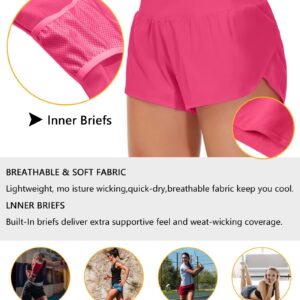 Origiwish Women's High Waisted Running Shorts with Liner Quick Dry Athletic Workout Shorts Zipper Pockets Bright Pink