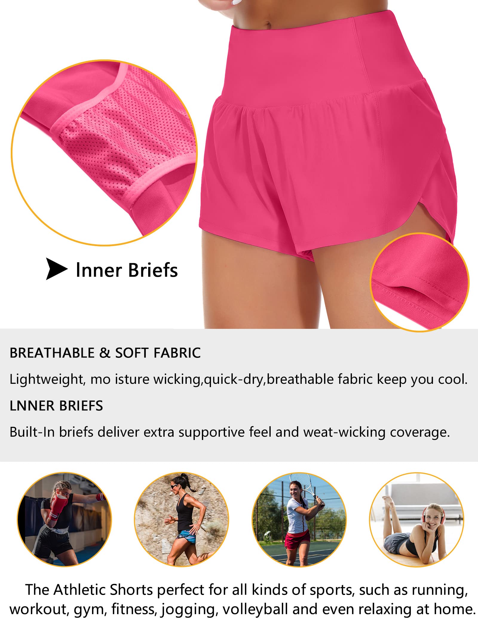 Origiwish Women's High Waisted Running Shorts with Liner Quick Dry Athletic Workout Shorts Zipper Pockets Bright Pink